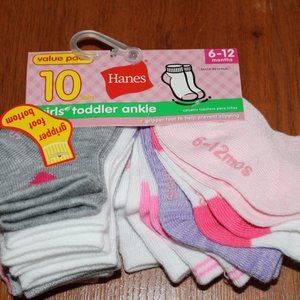 NWT Hanes Toddler Girls Ankle Socks 10 pair multicolor 6-12 months